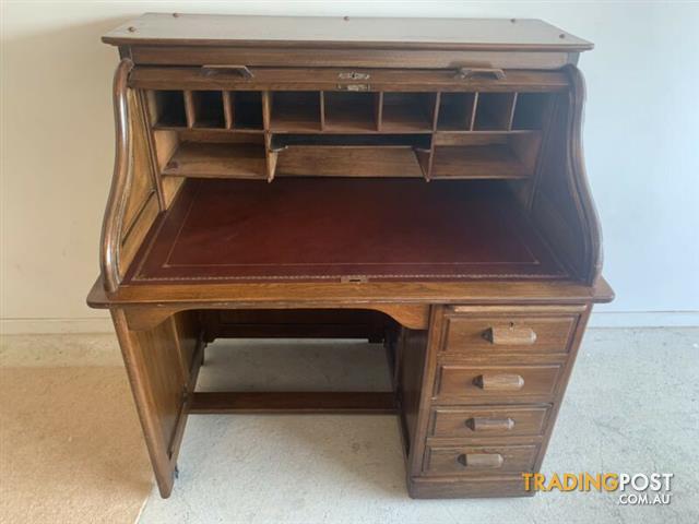 Restored Antique Oak Roll Top Desk Leather 1920